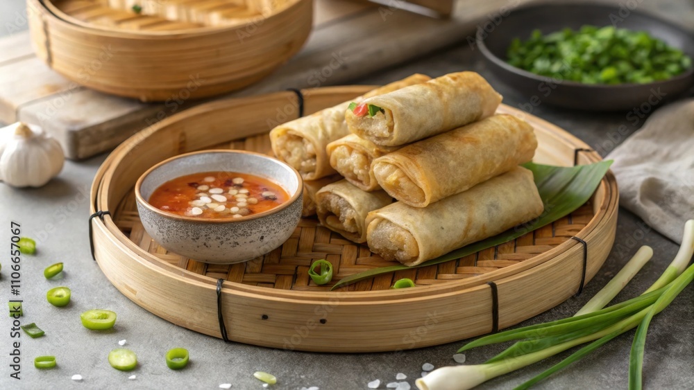 Poster on a round bamboo tray a delightful display of spring rolls is stacked high. the natural fibers of t