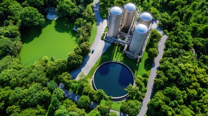 Chemical industry materials concept. An aerial view of green landscapes featuring silos and a circular water reservoir, surrounded by lush trees and pathways.