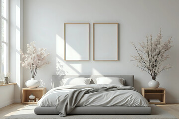 Light spring bedroom interior with flowers and frames near the grey bed. Minimalist room decor with daylight. Front view.