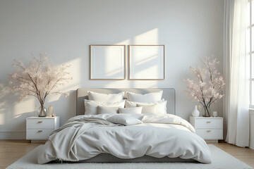 Light spring bedroom interior with flowers and frames near the grey bed. Minimalist room decor with daylight. Front view.