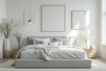 Light spring bedroom interior with flowers and frames near the grey bed. Minimalist room decor with daylight. Front view.