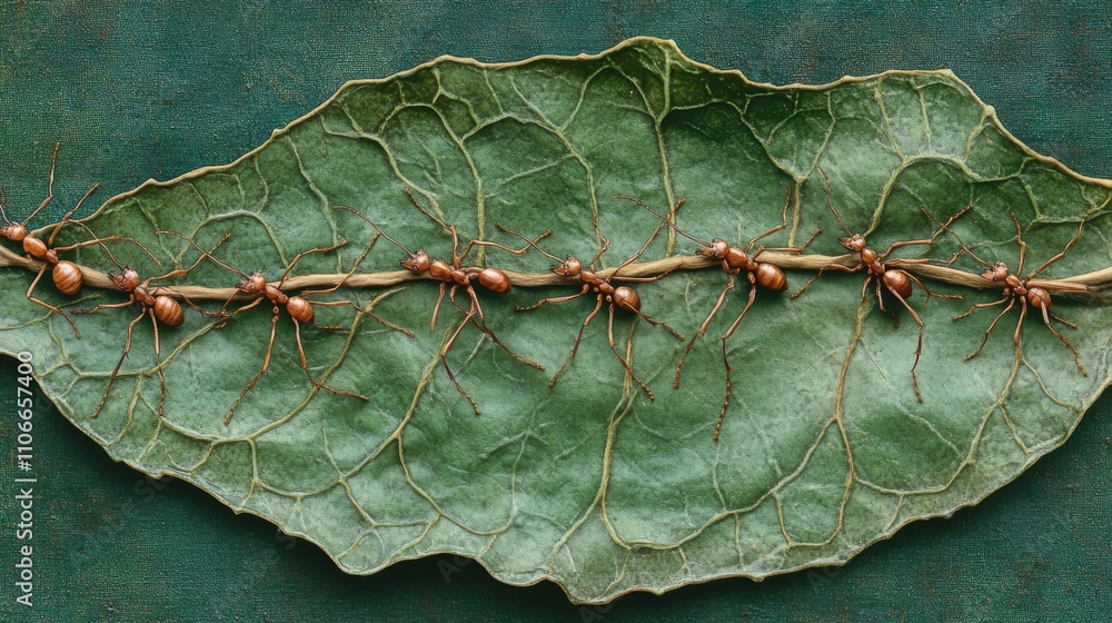 Poster ants walking on a leaf with intricate leaf veins and background