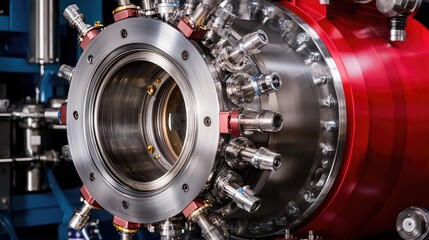 Fototapeta premium Chemical industry materials concept. A close-up of a high-tech mechanical component featuring metallic surfaces, valves, and connectors, showcasing precision engineering and industrial design.