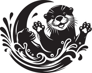Playful otter making a splash black silhouette vector