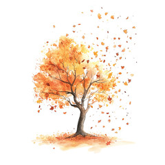A tree with falling leaves and a breeze effect, seasonal theme, delicate watercolor illustration, soft orange and yellow, isolated on white background.
