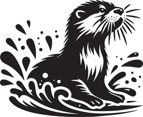 Playful otter making a splash black silhouette vector