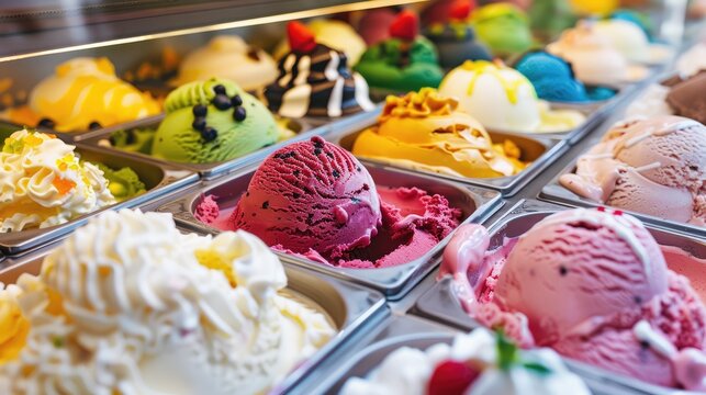 Variety of colorful and flavorful ice cream displayed in a confectionery store.