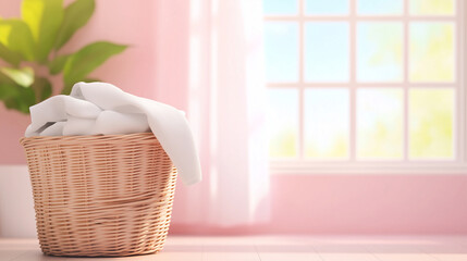 A Wicker laundry basket filled with dirty clothes at the laundry room.