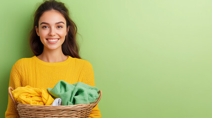 Happy housewife with basket full of clothes.