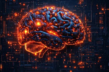 Fototapeta premium illustration depicting a human brain integrated with computer elements, showcasing the fusion of technology and intellect in an imaginative and thought-provoking design