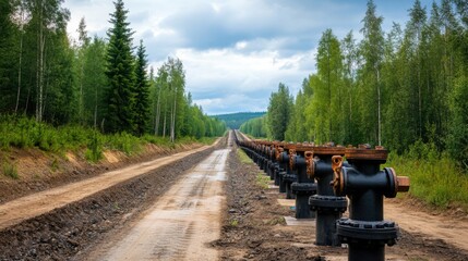 Obraz premium Vast Pipeline Stretching into the Distance Surrounded by Green Forests and Overcast Sky in a Natural Environment
