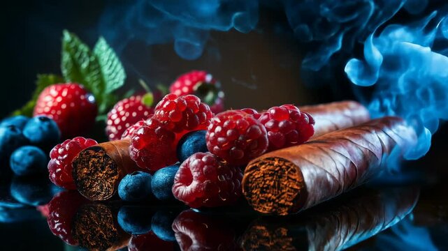 Fresh Berries and Cannabis Blunts with Smoky Background
