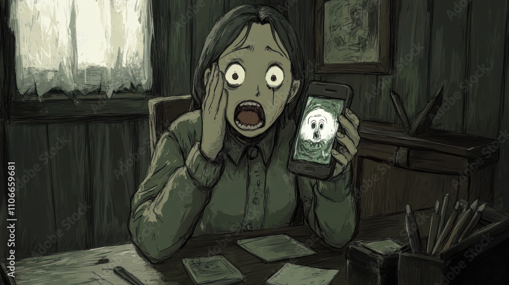 Poster a shocked character holds a phone displaying a ghostly image, set in a dimly lit room.