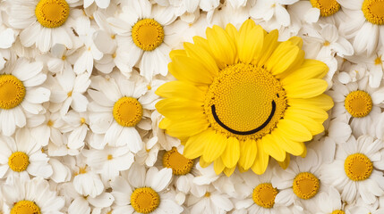 Smiling Daisy: A single yellow daisy with a cheerful smiley face stands out amidst a field of white daisies, radiating positivity and joy.  