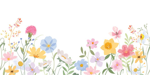 Spring and summer watercolor flower pattern seamless background vector. Watercolor hand painted botanical floral, daisy, wildflower, eucalyptus leaves. Design for wallpaper, banner, print, website. © babeer