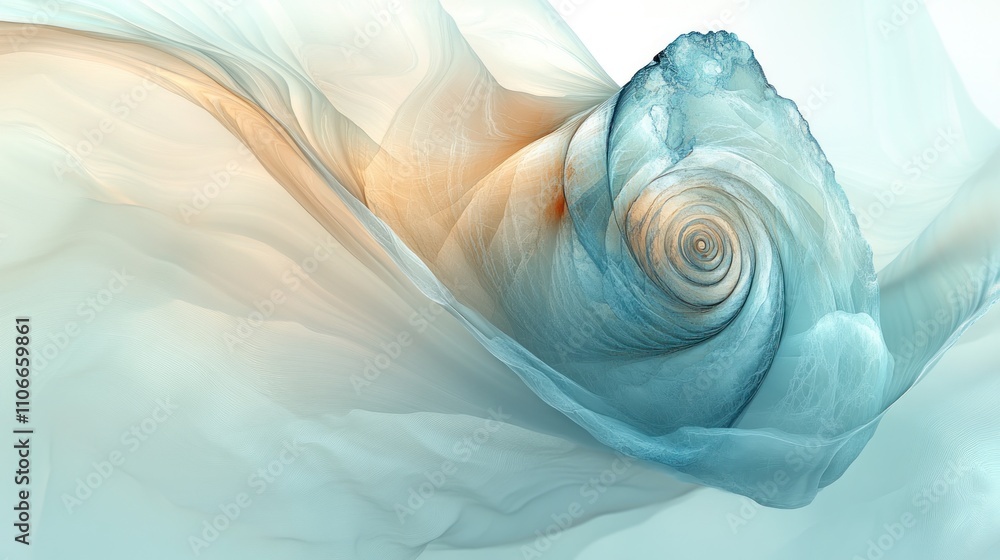 Poster an abstract swirl resembling a shell, blending soft colors and fluid shapes.