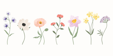 Collection of spring colorful watercolor flower elements vector. Set floral of wildflower, leaf branch, foliage. Hand drawn blossom illustration for decor, easter, thanksgiving, clipart.