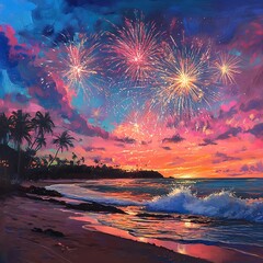 Vibrant fireworks explode over a tropical beach at sunset.