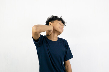 Asian man with sleepy expression with messy hair. Wake up concept. Isolated on white background