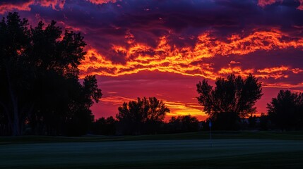 Obraz premium Stunning Sunset Over Golf Course with Dramatic Clouds and Trees