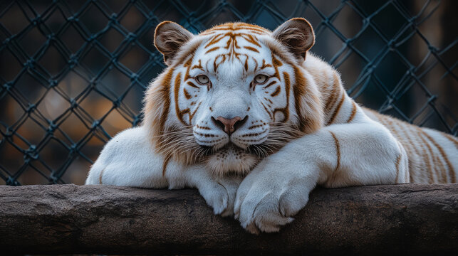 majestic white tiger resting peacefully behind a chain-link fence - Powered by Adobe