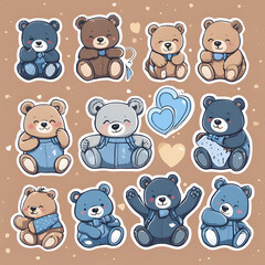 Obraz premium A charming set of bear stickers featuring cute bears in overalls, showcasing various expressions and heart designs. Ideal for crafts, scrapbooking, and digital projects.