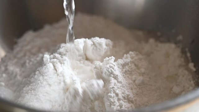 Pouring water into bowl with glutinous rice flour