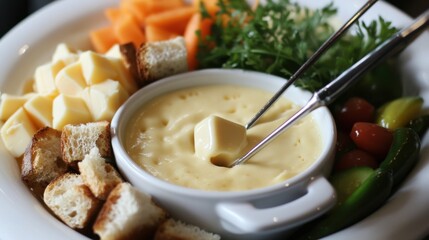 A platter of assorted cheese fondue featuring Gruyere, Emmental, and Swiss cheeses