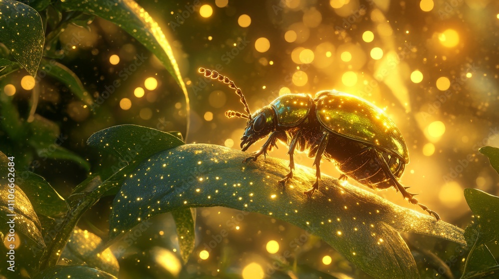 Aufkleber Glowing Beetle on Leaf with Magical Bokeh Effect and Sparkling Lights