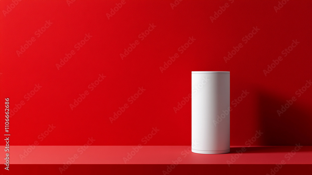 Poster modern white cylindrical object on a vibrant red table in a minimalist setting