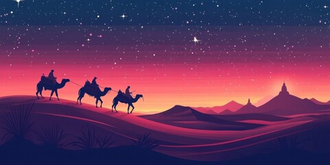 Fototapeta premium Silhouette of camel caravan in Sahara desert, Indian camel driver with camel silhouettes in sand dunes of Thar desert on sunset, concept of travel, adventure, Bethlehem, three Kings