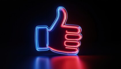 Neon Glass Symbol Of Thumbs Up On A Dark Blue And Red Pin In 3d Render. Energetic And Vibrant Design Element.