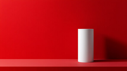 Modern white cylindrical object on a vibrant red table in a minimalist setting