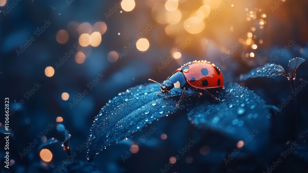 Poster ladybug on leaf with dew drops and glittering background