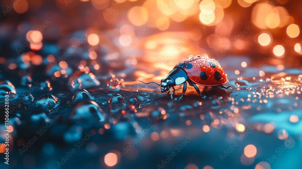 Aufkleber Close-Up of Ladybug on Wet Surface with Bokeh Background Effects