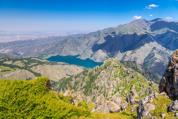 Scenery of Heaven Lake, Tianshan Tianchi National Geopark, bird view, copy space for text