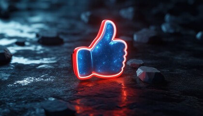 Neon Glass Symbol Of A Thumbs Up Icon On A Blue And Red Pin Against A Dark Background - 3d Render