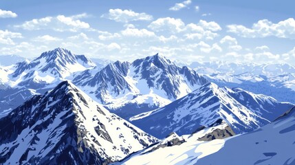 Naklejka premium A serene mountain landscape with snow-capped peaks under a clear blue sky.