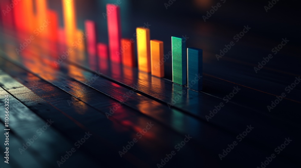 Poster abstract colorful bar graph on dark surface with reflections