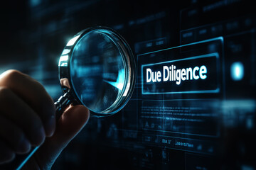 Due diligence concept, Businessman holding a magnifying glass with due diligence icon on virtual screen.