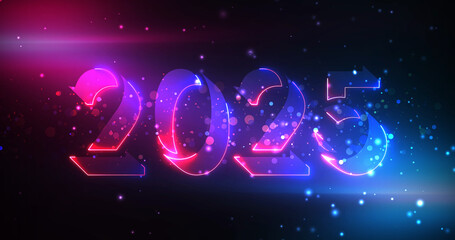 Magical 3d 2025 New Year wishing bg with sparkles light flares moving bg. Happy New Year 2025. Glittering neon message reflecting glossy bg. Celebrate countdown luxury confetti particle awe dust bg.