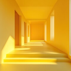 Sunlit Yellow Corridor With Steps And Recessed Walls