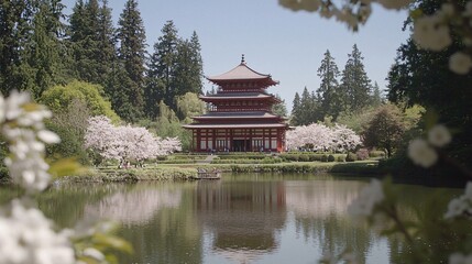 Tranquil Japanese Temple Surrounded by Cherry Blossoms and Water