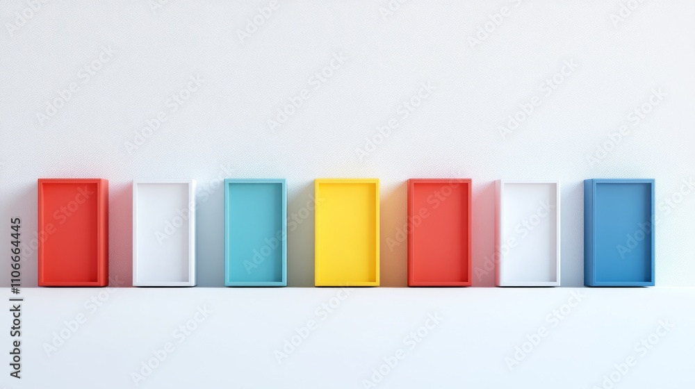 Poster colorful minimalist display of rectangular boxes on white background