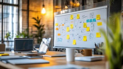 Dynamic office environment with a team of professionals engaged in collaborative discussion around a central whiteboard filled with diagrams and post-it notes