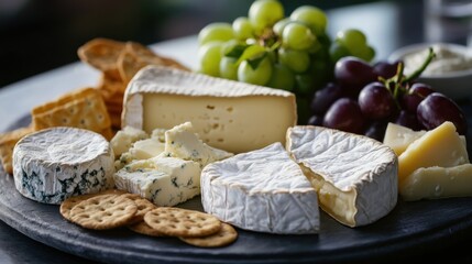 A platter of assorted gourmet cheeses including brie, camembert, and blue cheese