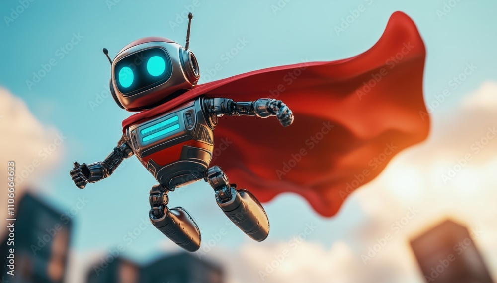 Poster ai assistance superhero 3d: chat bot robot soars in a red cape, enhancing education and distance lea