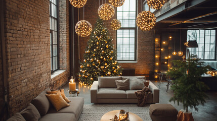 Indoor Christmas lighting in a modern loft, with creative geometric designs adding a unique touch to the holiday atmosphere
