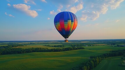 Naklejka premium Colorful hot air balloon floats over scenic landscape at sunset.