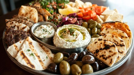 A platter of assorted Greek mezze including tzatziki, hummus, dolmas
